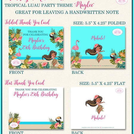 Luau Beach Birthday Party Thank You Card Note Hawaiian Tropical Girl Hawaii Ocean Tiki Swimming Boogie Bear Invitations Maylee Theme Printed