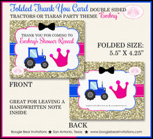 Load image into Gallery viewer, Tractors or Tiaras Party Thank You Card Baby Shower Reveal Note Black Pink Blue Gold Girl Boy Boogie Bear Invitations Embry Theme Printed