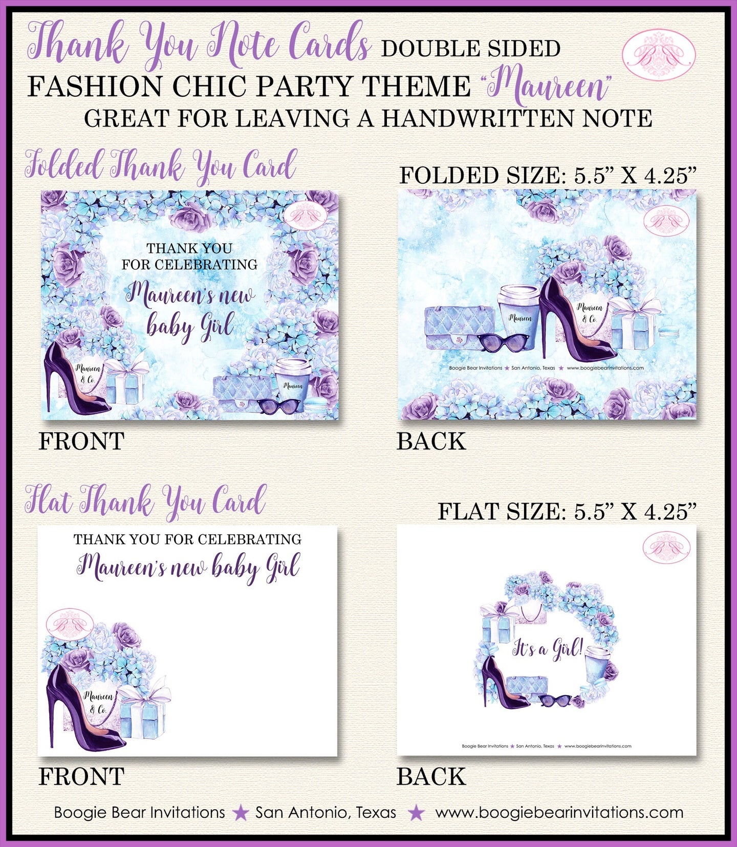 Fashion Chic Party Thank You Cards Baby Shower Note Birthday Party Lavender Purple Shopping Co Boogie Bear Invitations Maureen Theme Printed