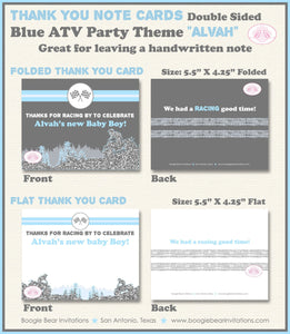 Blue ATV Baby Shower Party Thank You Card Boy Grey Silver Glitter 4 Wheeler Stripe Quad Racing Boogie Bear Invitations Alvah Theme Printed