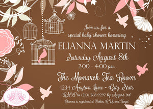 Bird Flower Garden Baby Shower Invitation Pink Cage Spring Brown Girl 1st Boogie Bear Invitations Elianna Theme Paperless Printable Printed