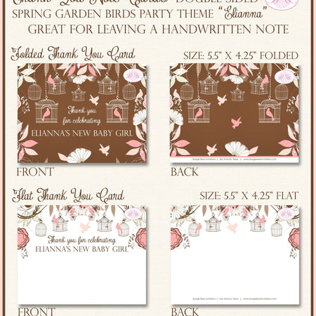 Bird Flower Garden Party Thank You Card Note Baby Shower Birthday Forest Birdcage Cage Pink Girl 1st Boogie Bear Invitations Elianna Theme