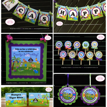 Wild Zoo Animals Birthday Party Package Safari Jungle Tiger Lion Zebra Hippo Elephant Giraffe Boy Girl Boogie Bear Invitations Cassidy Theme
