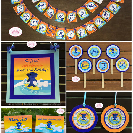 Surfer Shark Birthday Party Package Ocean Swimming Beach Pool Surfing Tropical Surf Fish Swim Boy Girl Boogie Bear Invitations Xander Theme