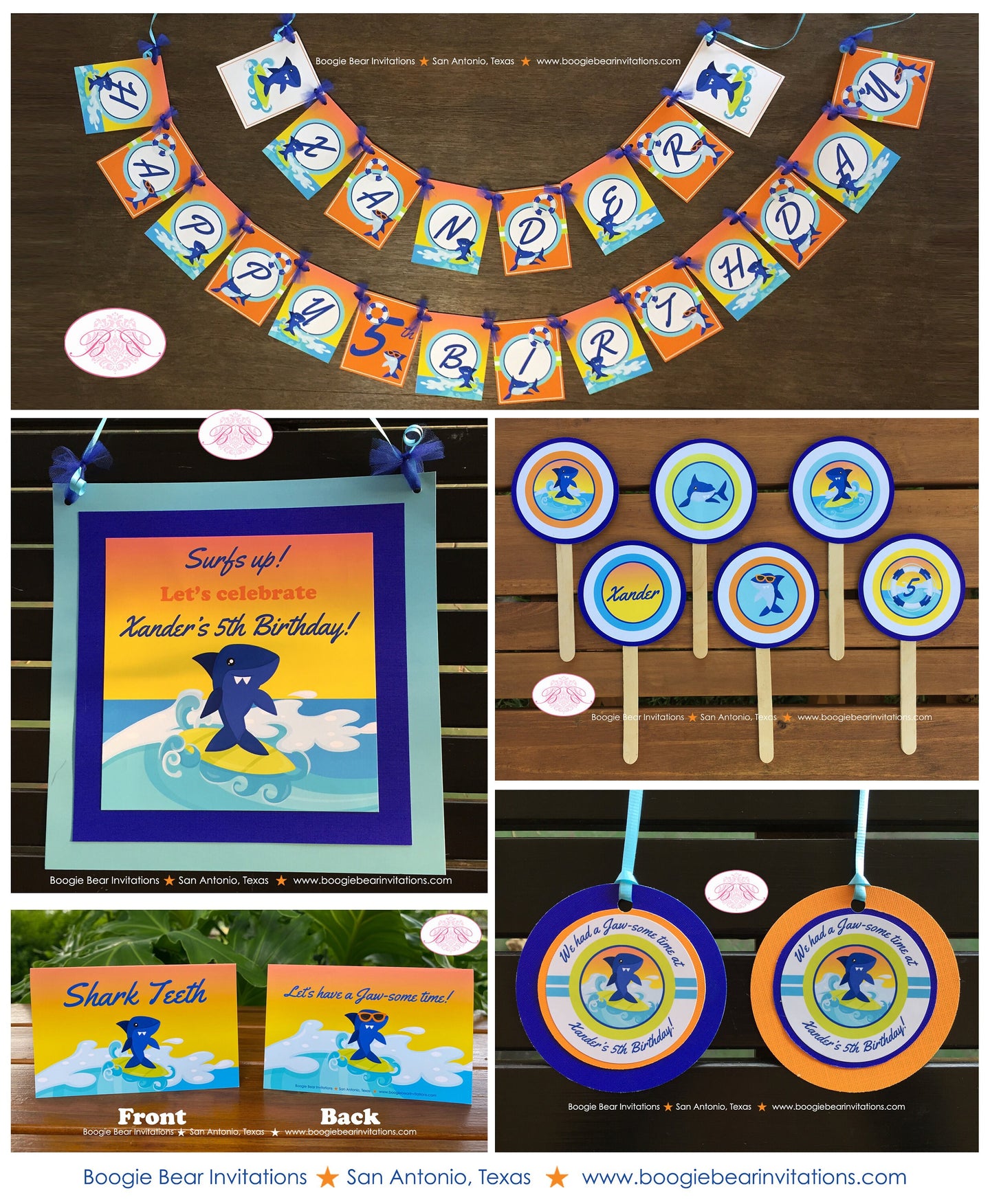 Surfer Shark Birthday Party Package Ocean Swimming Beach Pool Surfing Tropical Surf Fish Swim Boy Girl Boogie Bear Invitations Xander Theme