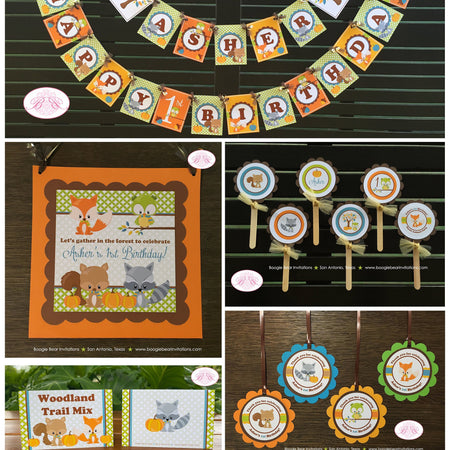 Fall Woodland Animals Birthday Party Package Pumpkin Bird Owl Squirrel Fox Forest Pumpkin Autumn Blue Boogie Bear Invitations Asher Theme