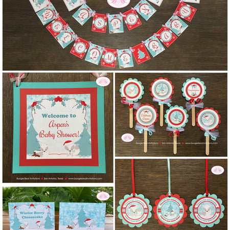Woodland Winter Fox Baby Shower Package Christmas Holiday Snow Arctic White Red Santa Hat Birthday Party Boogie Bear Invitations Aspen Theme