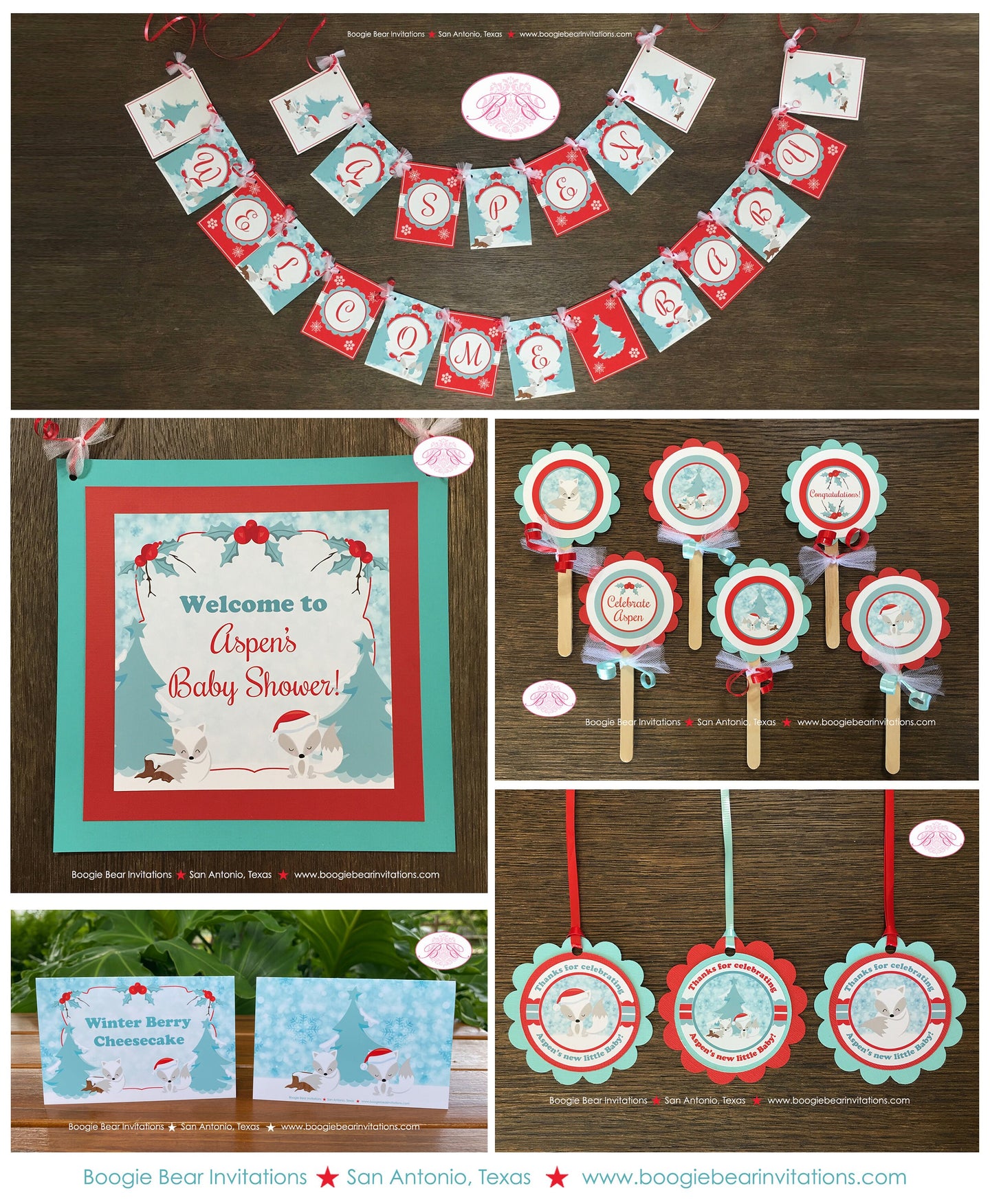 Woodland Winter Fox Baby Shower Package Christmas Holiday Snow Arctic White Red Santa Hat Birthday Party Boogie Bear Invitations Aspen Theme