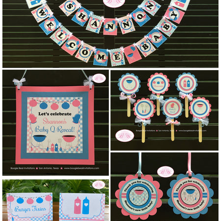 BBQ Reveal Baby Shower Package Grill Q Pink Blue Summer Boy Girl Barbecue Twins Party Picnic Boogie Bear Invitations Shannon Theme