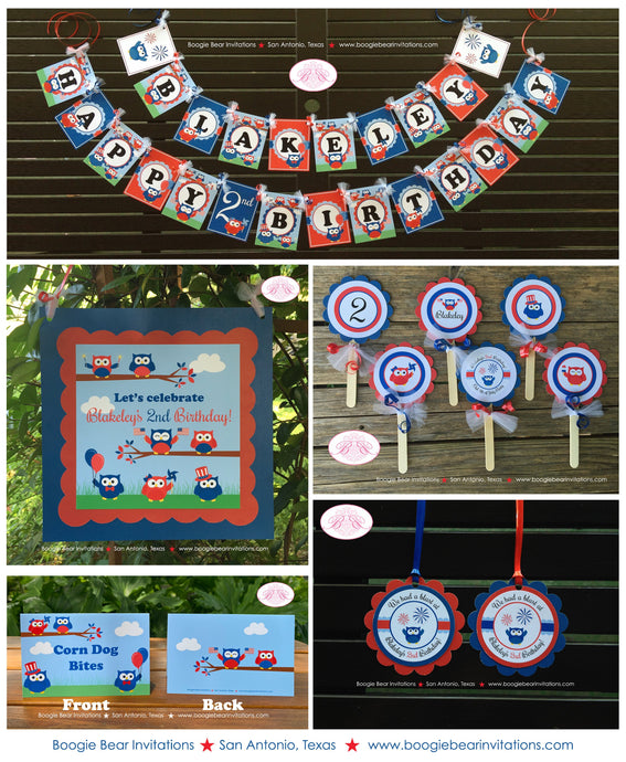 4th of July Owls Birthday Party Package Flag Fireworks Girl Boy Outdoor Patriotic Red White Blue BBQ Boogie Bear Invitations Blakeley Theme