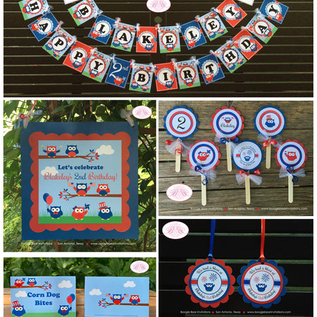 4th of July Owls Birthday Party Package Flag Fireworks Girl Boy Outdoor Patriotic Red White Blue BBQ Boogie Bear Invitations Blakeley Theme