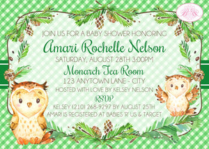 Woodland Owl Baby Shower Invitation Boy Girl Green Brown Bird Animals Forest Boogie Bear Invitations Amari Theme Paperless Printable Printed