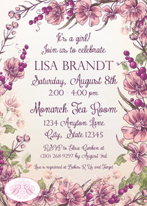 Pink Flower Garden Baby Shower Invitation Girl Purple Spring Floral Outdoor Boogie Bear Invitations Lisa Theme Paperless Printable Printed