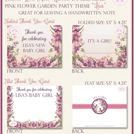 Pink Flower Garden Baby Shower Party Thank You Card Note Tag Girl Purple Floral Lavender Birthday Boogie Bear Invitations Lisa Theme Printed