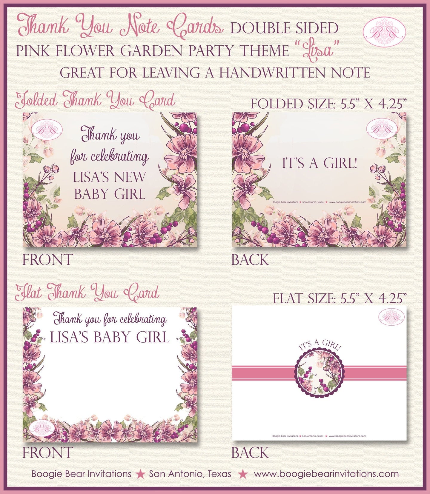 Pink Flower Garden Baby Shower Party Thank You Card Note Tag Girl Purple Floral Lavender Birthday Boogie Bear Invitations Lisa Theme Printed