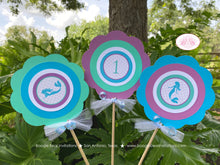 Load image into Gallery viewer, Mermaid Pool Birthday Centerpiece Set Party Girl Swimming Purple Teal Aqua Turquoise Blue Ocean Swim Boogie Bear Invitations Andrina Theme