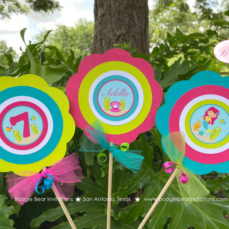Mermaid Pool Birthday Centerpiece Set Party Girl Swimming Pink Lime Teal Aqua Turquoise Blue Ocean Swim Boogie Bear Invitations Adella Theme