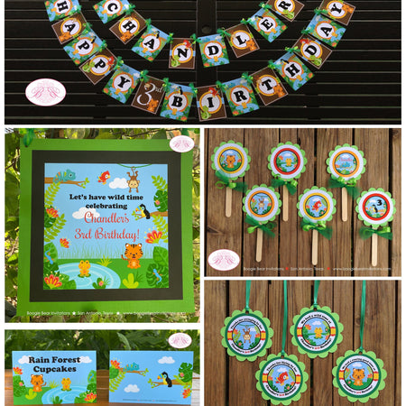 Rainforest Animals Birthday Party Package Rain Forest Amazon Jungle Zoo Reptile Frog Snake Gecko Wild Boogie Bear Invitations Chandler Theme