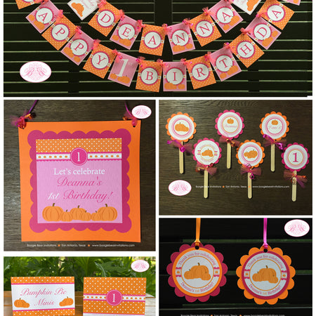 Little Pink Pumpkin Birthday Party Package Fall Autumn Orange Farm Barn Country Thanksgiving Ranch Girl Boogie Bear Invitations Deanna Theme