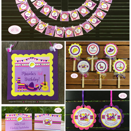 Fiesta Taco Birthday Party Package Girl Pink Yellow Purple Cinco De Mayo Mexico Parade Sombrero Guitar Boogie Bear Invitations Mariela Theme