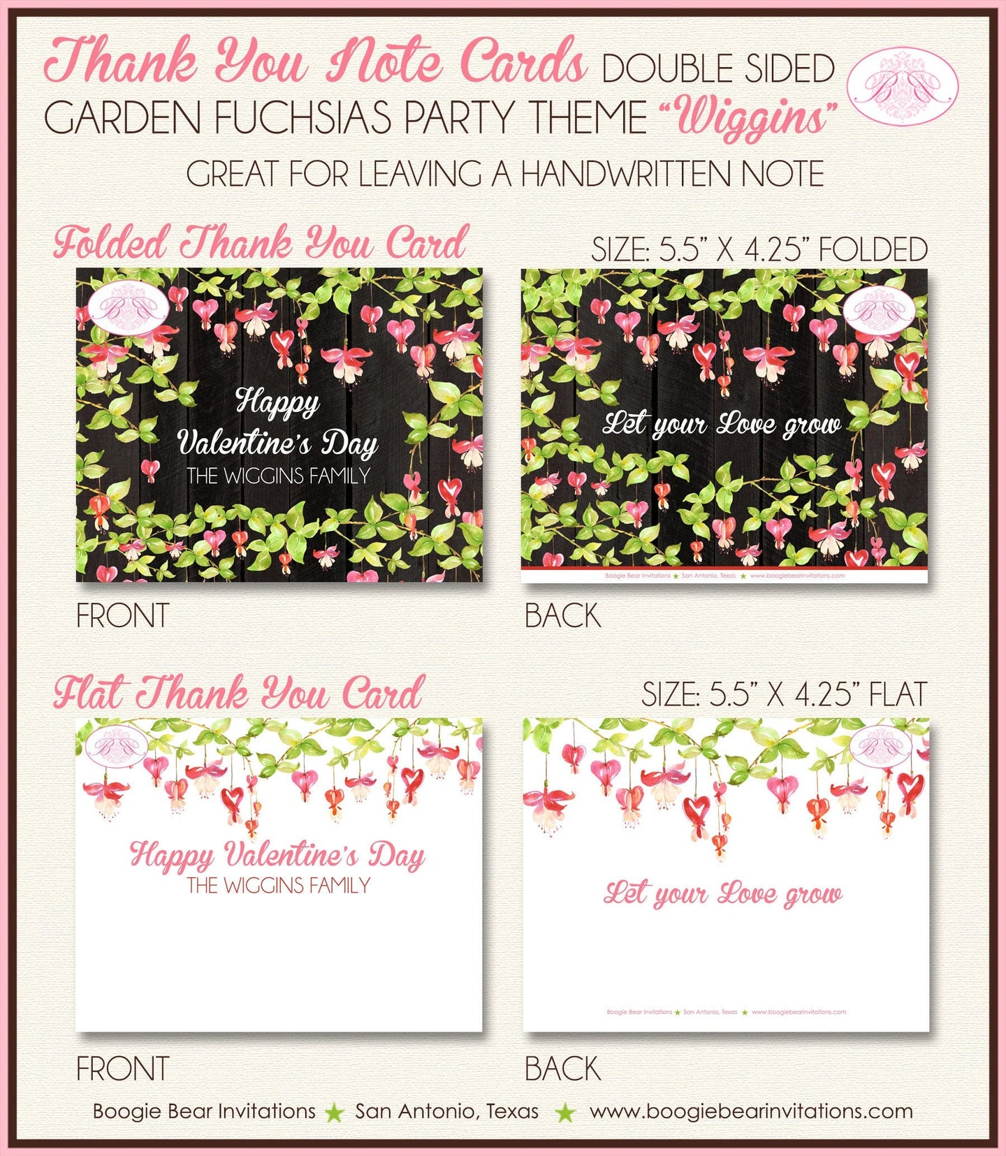 Garden Fuchsias Valentine's Party Thank You Card Note Party Day Love Spring Grow Pink Red Girl Boogie Bear Invitations Wiggins Theme Printed