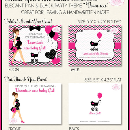 Pink Black Party Thank You Card Favor Note Baby Shower Girl Chevron Modern Chic Fashion Heart Boogie Bear Invitations Veronica Theme Printed