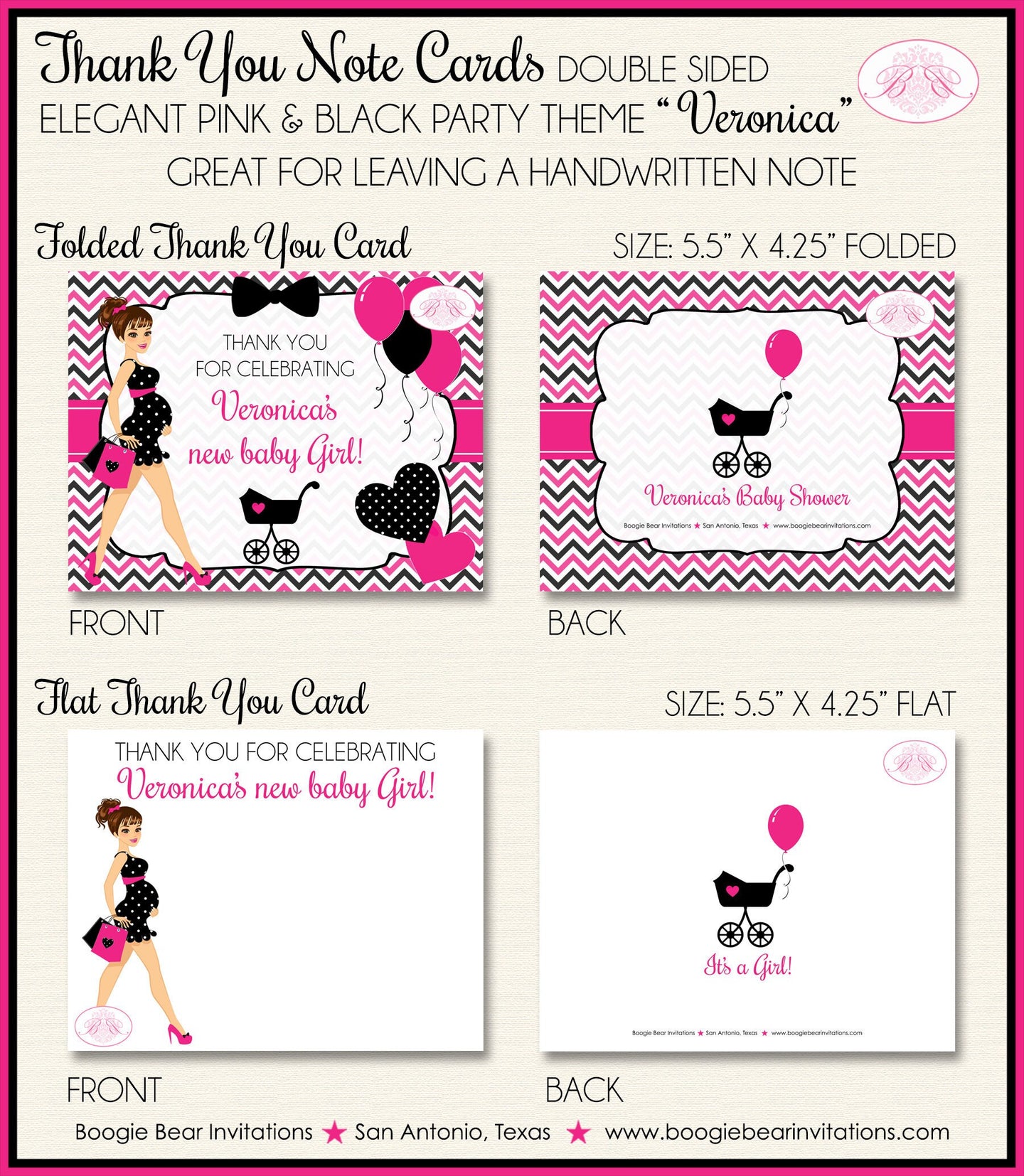 Pink Black Party Thank You Card Favor Note Baby Shower Girl Chevron Modern Chic Fashion Heart Boogie Bear Invitations Veronica Theme Printed