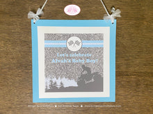 Load image into Gallery viewer, Blue ATV Baby Shower Door Banner Party Grey Gray Silver Glitter Boy Checkered Flag Race Stripe Quad Mud Boogie Bear Invitations Alvah Theme