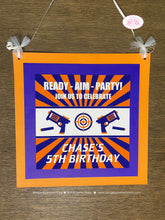Load image into Gallery viewer, Foam Dart Gun Door Banner Sign Birthday Party Orange Blue Bullseye Target Practice Play Game Boy Girl Boogie Bear Invitations Chase Theme