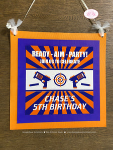 Foam Dart Gun Door Banner Sign Birthday Party Orange Blue Bullseye Target Practice Play Game Boy Girl Boogie Bear Invitations Chase Theme