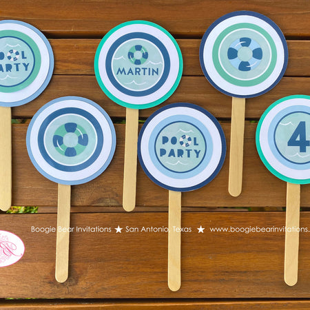 Swimming Pool Party Cupcake Toppers Birthday Splash Bash Swim Blue Ocean Wave Water Inner Tube Retro Boogie Bear Invitations Martin Theme