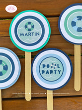 Load image into Gallery viewer, Swimming Pool Party Cupcake Toppers Birthday Splash Bash Swim Blue Ocean Wave Water Inner Tube Retro Boogie Bear Invitations Martin Theme