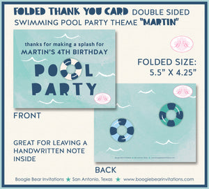 Swimming Pool Birthday Party Thank You Card Note Splash Bash Swim Blue Ocean Wave Tubing Retro Boogie Bear Invitations Martin Theme Printed