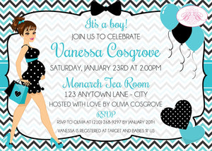 Aqua Blue Black Baby Shower Invitation Party Boy Turquoise Teal Chevron Boogie Bear Invitations Vanessa Theme Paperless Printable Printed