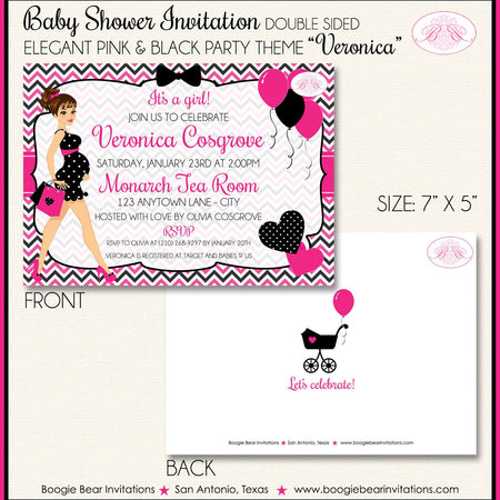 Pink Black Baby Shower Party Invitation Girl Chevron Modern Chic Heart Boogie Bear Invitations Veronica Theme Paperless Printable Printed