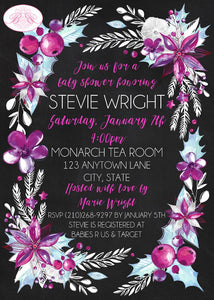 Winter Woodland Flowers Baby Shower Invitation Chalkboard Pink Blue Party Boogie Bear Invitations Stevie Theme Paperless Printable Printed