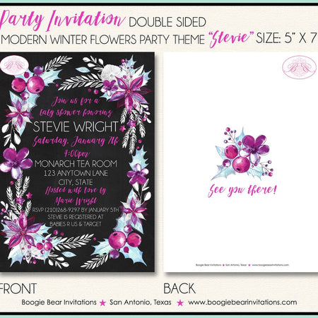 Winter Woodland Flowers Baby Shower Invitation Chalkboard Pink Blue Party Boogie Bear Invitations Stevie Theme Paperless Printable Printed