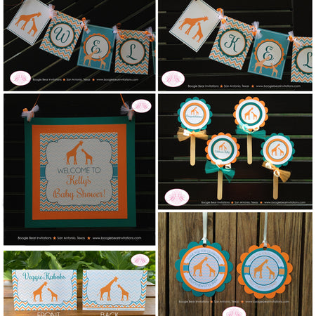 Orange Teal Giraffe Baby Shower Package Little Boy Girl Aqua Green Blue Zoo Wild Chevron Safari Animals Boogie Bear Invitations Kelly Theme