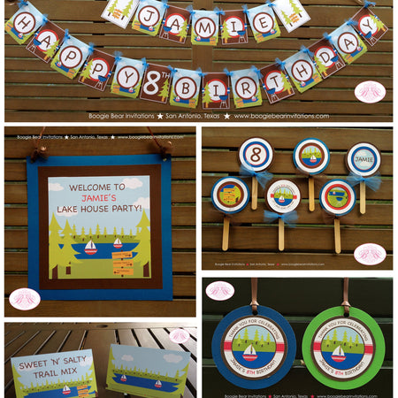 Lake Summer Birthday Party Package Door Banner Trees Happy Sail Boat Swimming Fishing BBQ Park Forest Boogie Bear Invitations Jamie Theme