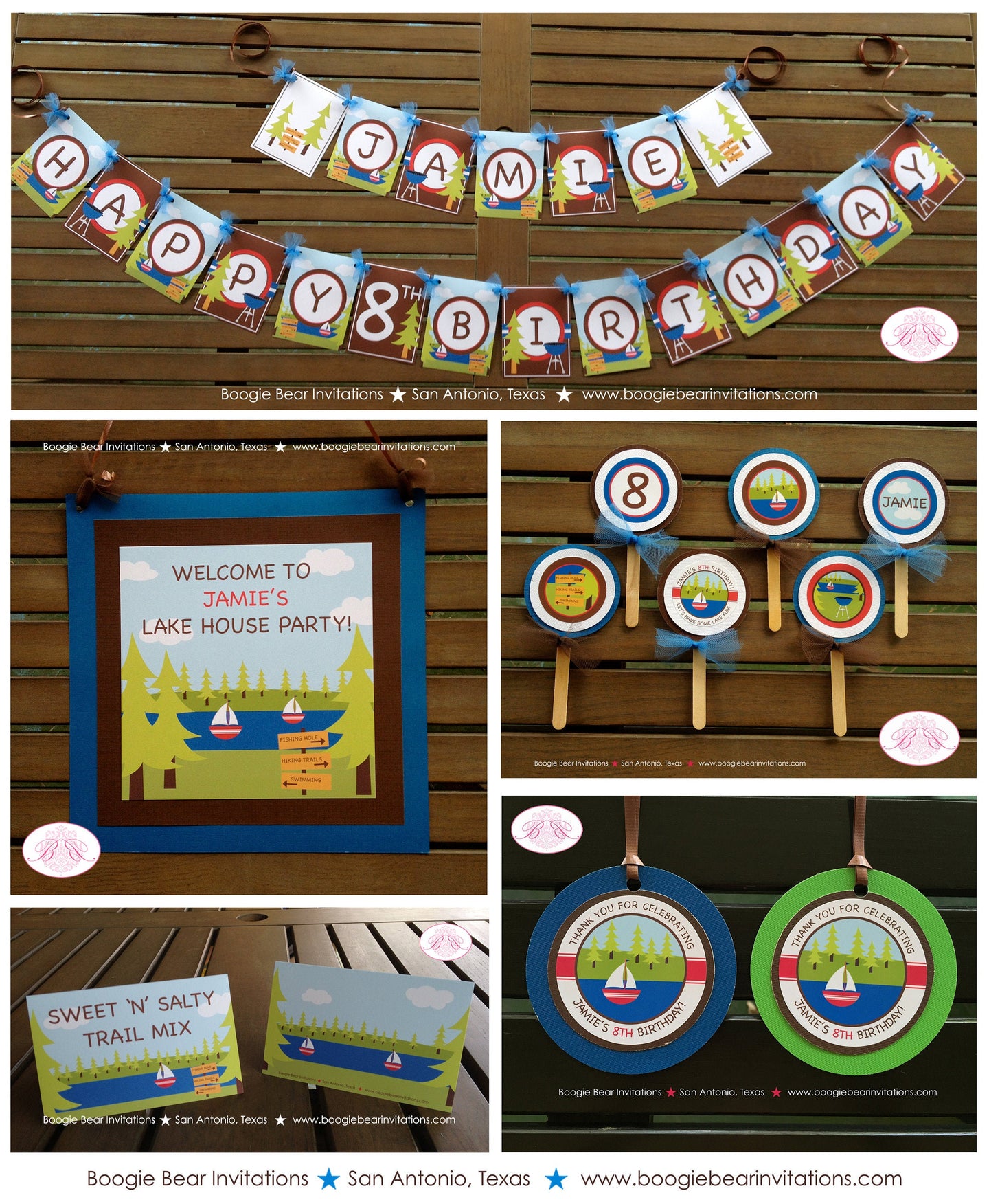 Lake Summer Birthday Party Package Door Banner Trees Happy Sail Boat Swimming Fishing BBQ Park Forest Boogie Bear Invitations Jamie Theme