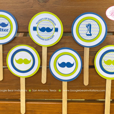 Mustache Birthday Party Cupcake Toppers Navy Blue Lime Green Boy Little Man Bash Chevron Circle White Boogie Bear Invitations Walter Theme