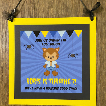 Werewolf Boy Birthday Party Door Banner Halloween Yellow Blue Black Bat Spider Wild Wolf Howl Full Moon Boogie Bear Invitations Boris Theme