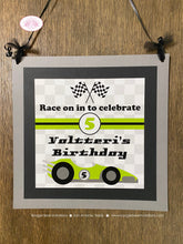 Load image into Gallery viewer, Race Car Birthday Party Door Banner Driver Racing Lime Green Black Checkered Flag Grand Prix Boy Girl Boogie Bear Invitations Valtteri Theme