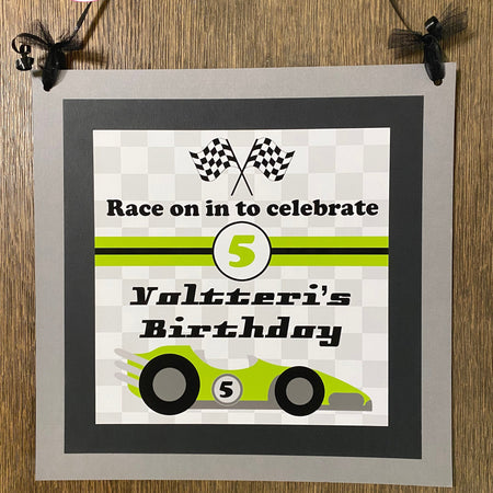 Race Car Birthday Party Door Banner Driver Racing Lime Green Black Checkered Flag Grand Prix Boy Girl Boogie Bear Invitations Valtteri Theme