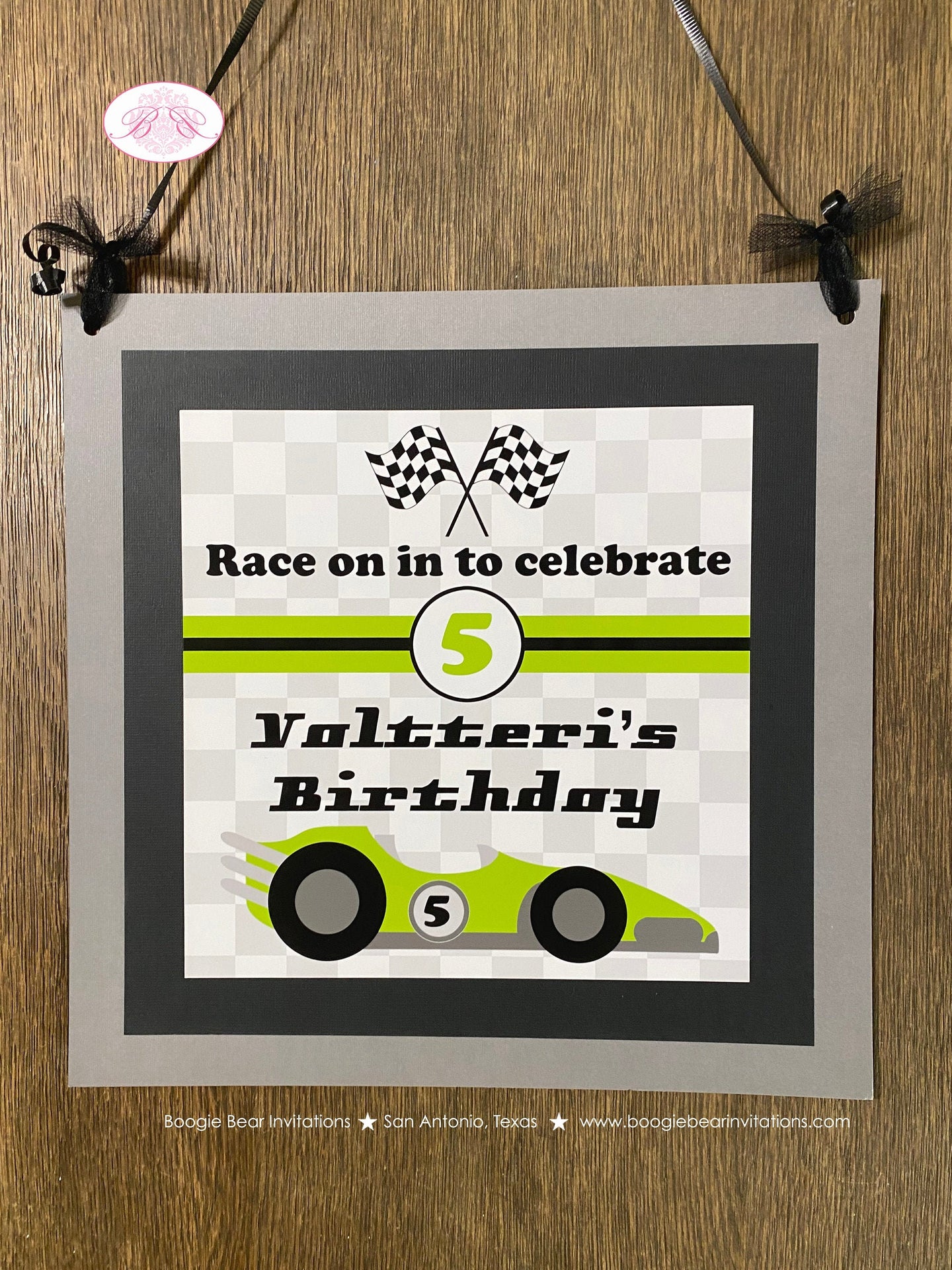 Race Car Birthday Party Door Banner Driver Racing Lime Green Black Checkered Flag Grand Prix Boy Girl Boogie Bear Invitations Valtteri Theme