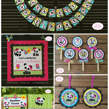 Pink Panda Bear Birthday Party Package Girl Tropical Jungle Green Black Butterfly Wild Zoo Animals Boogie Bear Invitations Jeanette Theme