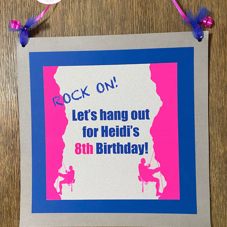Rock Climbing Birthday Party Door Banner Pink Blue Grey Girl Climb Bouldering Modern Athletic Sports On Boogie Bear Invitations Heidi Theme