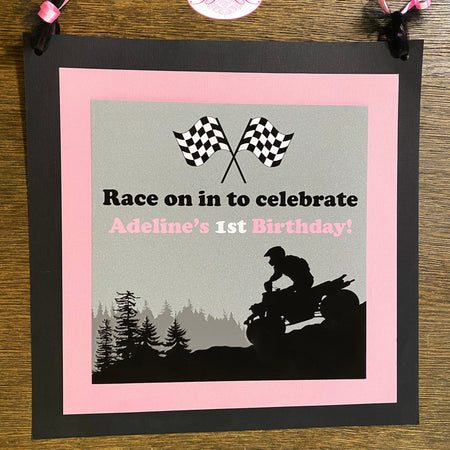 Pink ATV Off Road Birthday Door Banner Black Party Quad All Terrain Vehicle 4 Wheeler Racing Girl Kids Boogie Bear Invitations Adeline Theme
