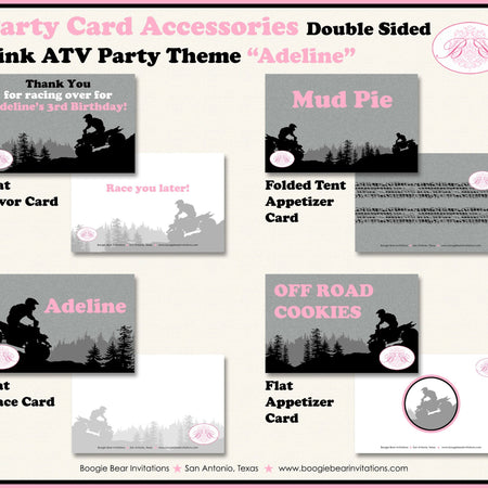 Pink ATV Birthday Party Favor Card Tent Appetizer Place Black All Terrain Vehicle Quad 4 Wheeler Girl Boogie Bear Invitations Adeline Theme