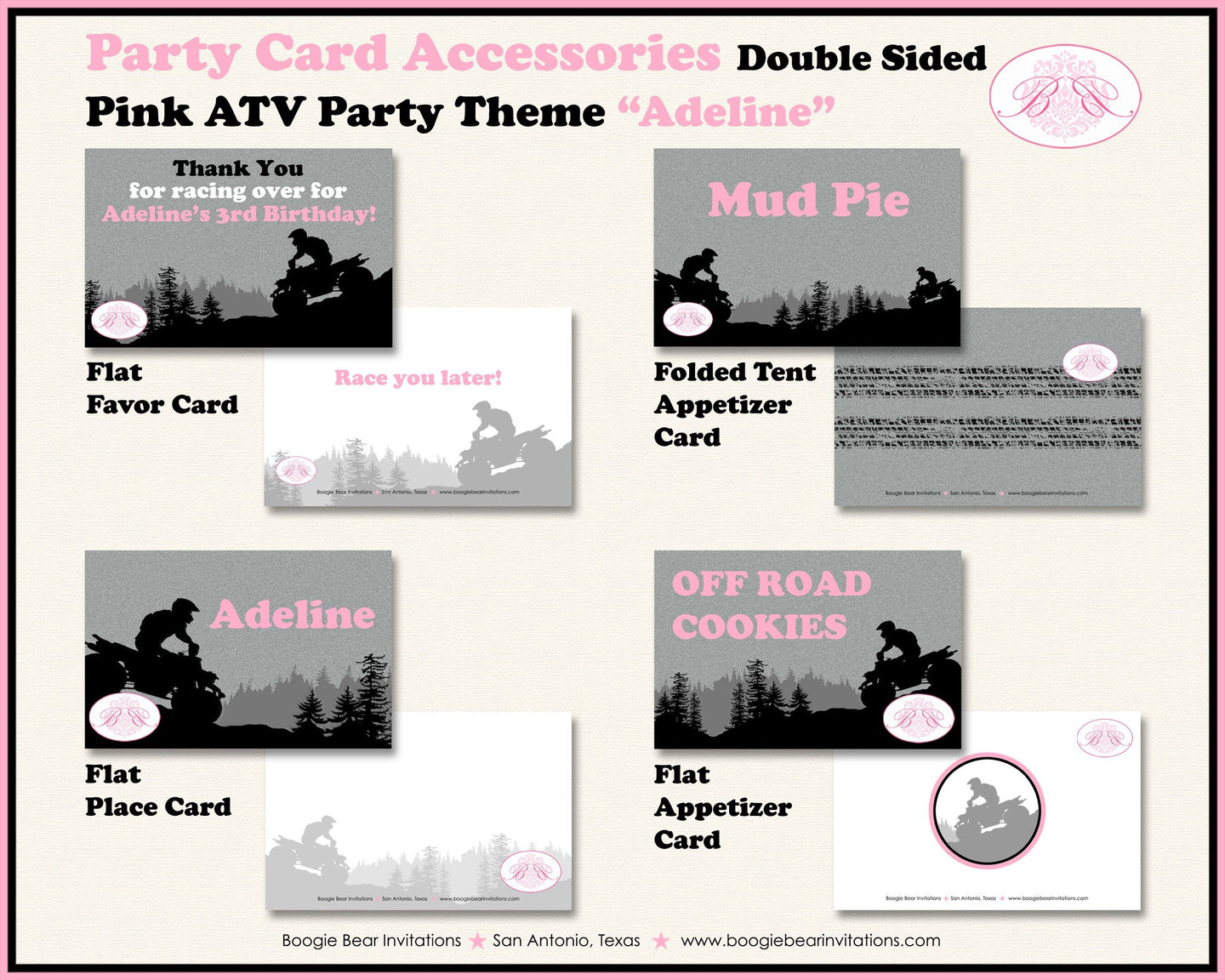 Pink ATV Birthday Party Favor Card Tent Appetizer Place Black All Terrain Vehicle Quad 4 Wheeler Girl Boogie Bear Invitations Adeline Theme